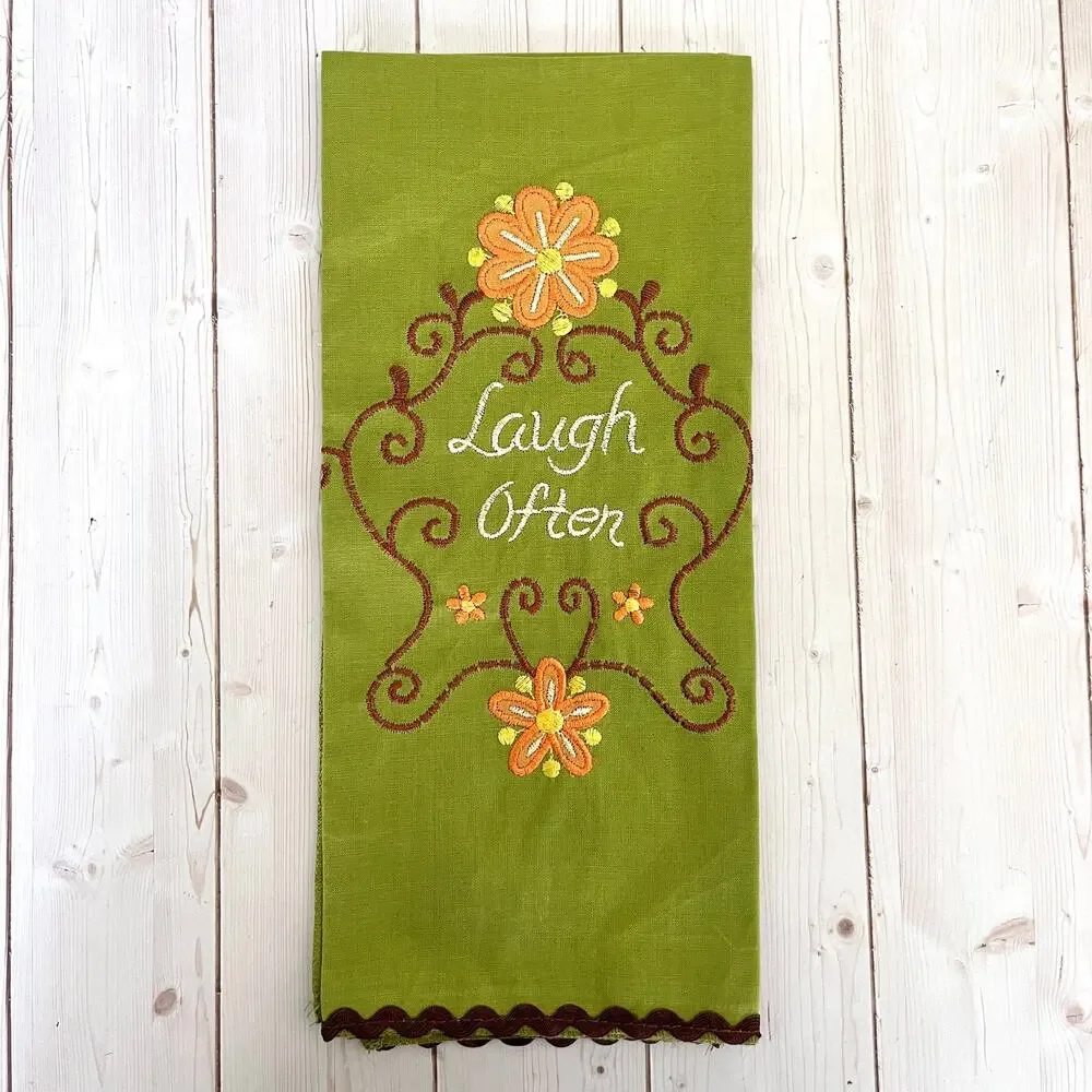 Set of 3 Retro-Style Kitchen Tea Towels Embroidered Floral Inspirational Ric-Rac